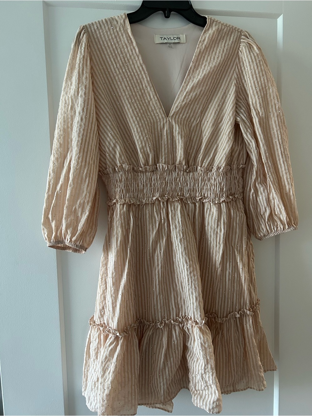 Taylor Women’s Cream Textured V‑Neck Dress with sparkle and stripes
